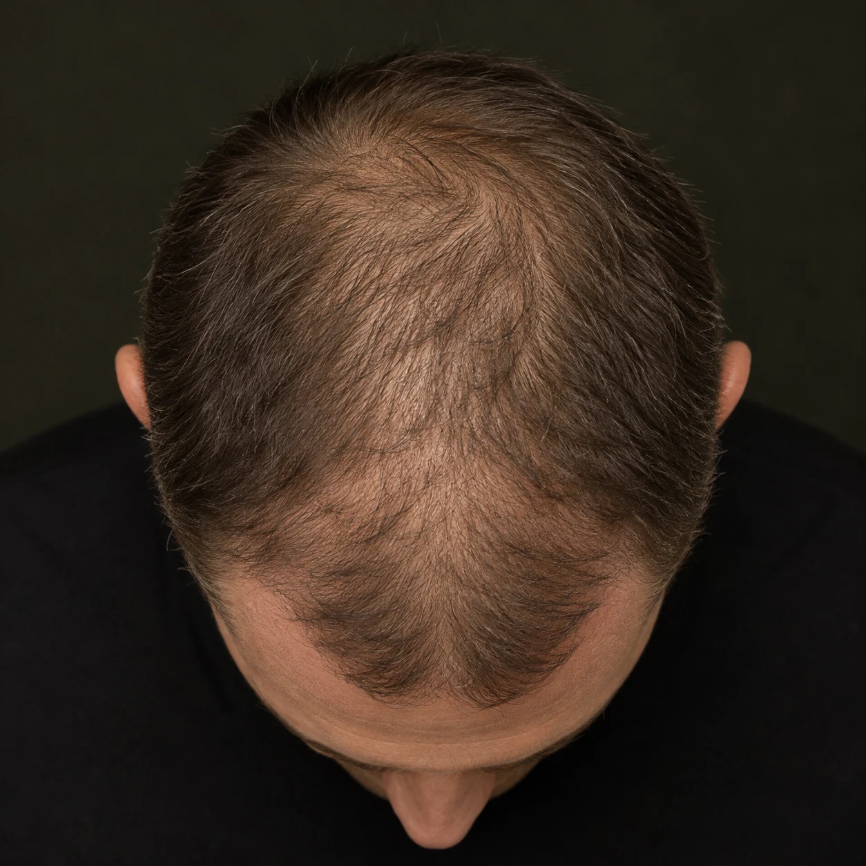 Density SMP for Men with Thinning Hair 5 Educational overhead view showing diffuse thinning between retained hairs across the top
