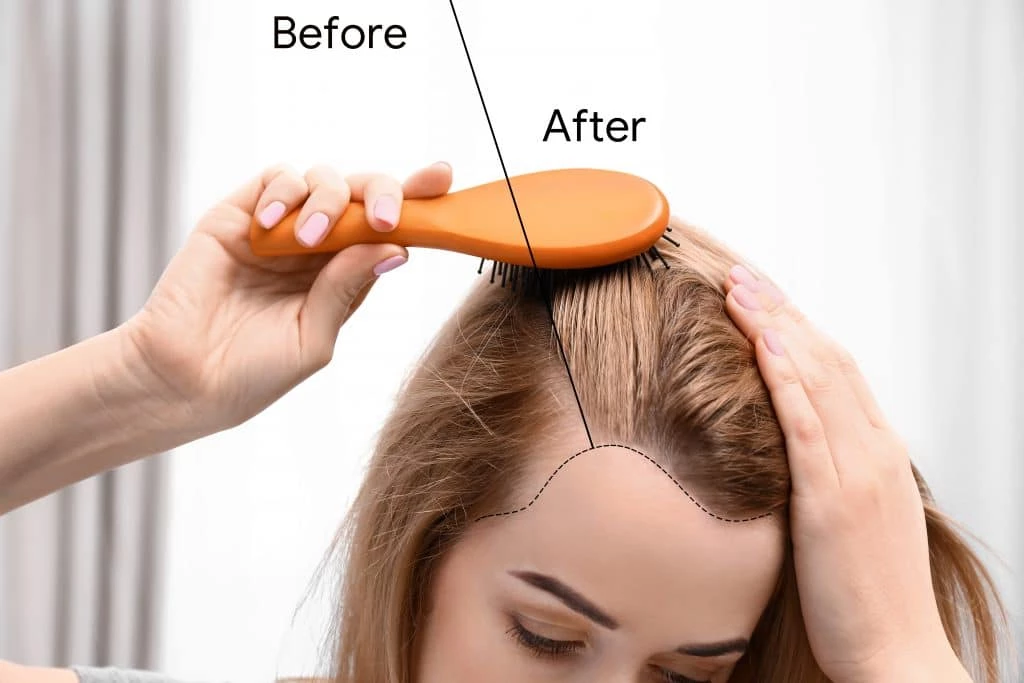 Scalp Micropigmentation for Women: The Popular New Way to Conceal Baldness 2 woman with hair thinning before and after scalp micropigmentation